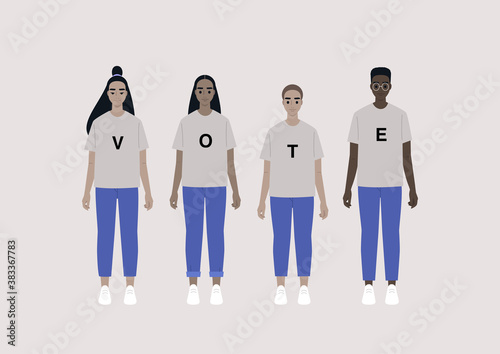 A diverse group of young people wearing a vote sign on their t shirts