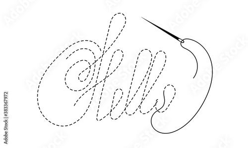 Silhouette of word "Hello" with interrupted contour. Vector illustration of handmade work with embroidery thread and needle on white background.