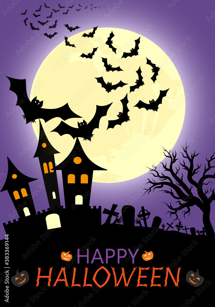 Halloween night vector illustration.Background for Halloween.Flying bats,old dark castle,moon and cemetery.Graphic element for banner,greeting cards,invitation,poster or website.