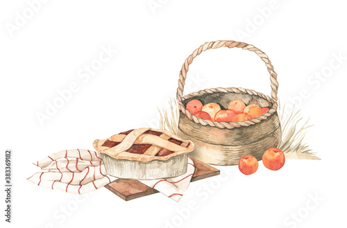 Watercolor Autumn harvest illustrations with apple basket, apple pie and yellow grass. Fall elements. Eco Farm. Perfect for invitations, greeting cards, posters, prints, social media