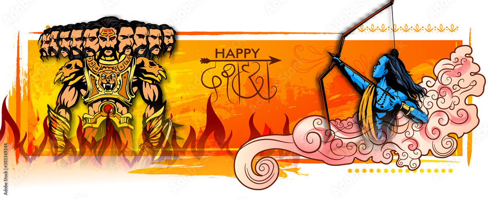 Obraz premium Greeting card of happy dusshera with bow and illustration of Lord Rama killing Ravana in Navratri festival of India(Hindu holiday Vijayadashami). Vector illustration.