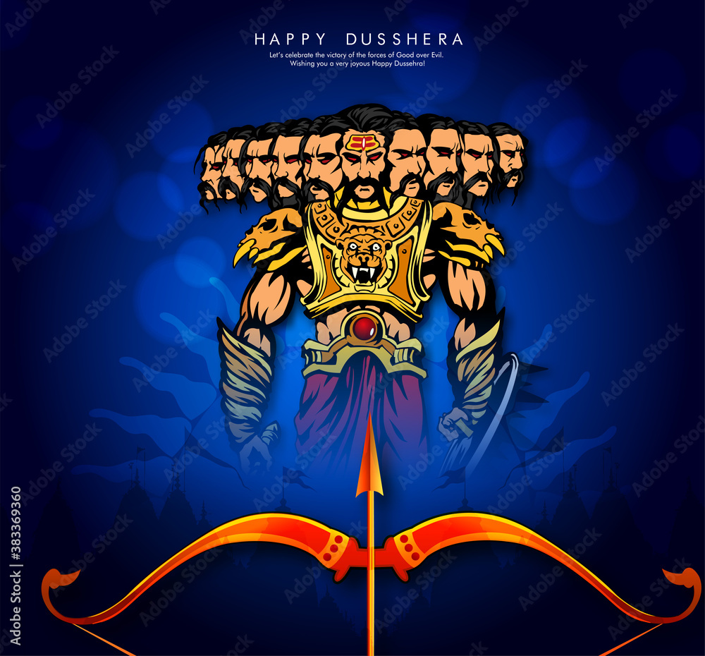 Greeting card of happy dusshera with bow and illustration of Lord Rama  killing Ravana in Navratri festival of India(Hindu holiday Vijayadashami).  Vector illustration. Stock Vector | Adobe Stock