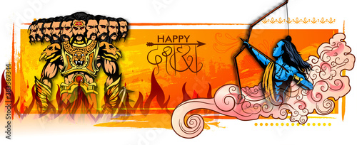 Greeting card of happy dusshera with bow and illustration of Lord Rama killing Ravana in Navratri festival of India(Hindu holiday Vijayadashami). Vector illustration.