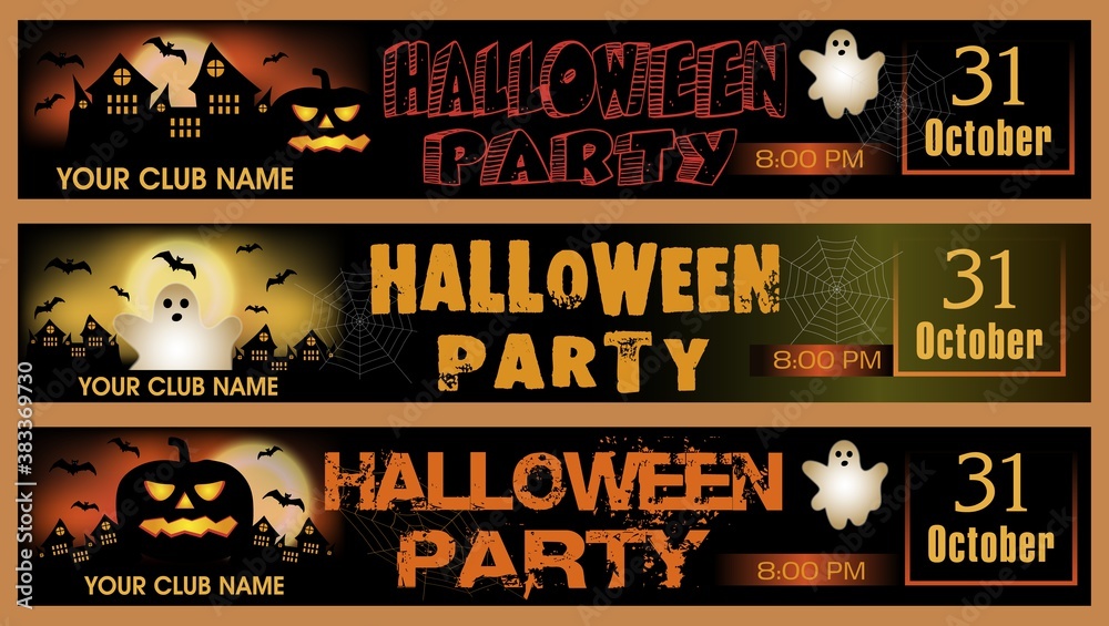 Naklejka premium Halloween Party banner collection. Background with pumpkin and ghost. Vector