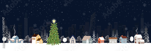 Winter landscape in city at night with snow falling on Christmas eve. vector illustration cartoon Winter wonderland in the town for Happy New year or Merry Christmas greeting card, flyer and banner