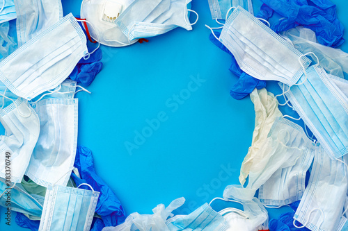Canvastavla Protective equipment, masks and gloves, on blue background