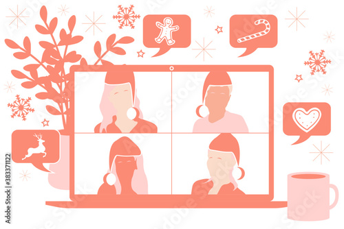 Christmas video call conference or meeting people with Christmas hats talking about the news and global events. Stream friends. Chatting from home. Vector flat illustration.