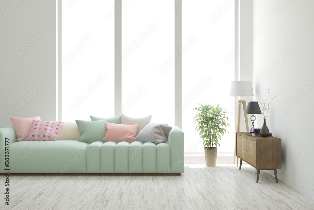 Fototapeta premium White living room with sofa. Scandinavian interior design. 3D illustration