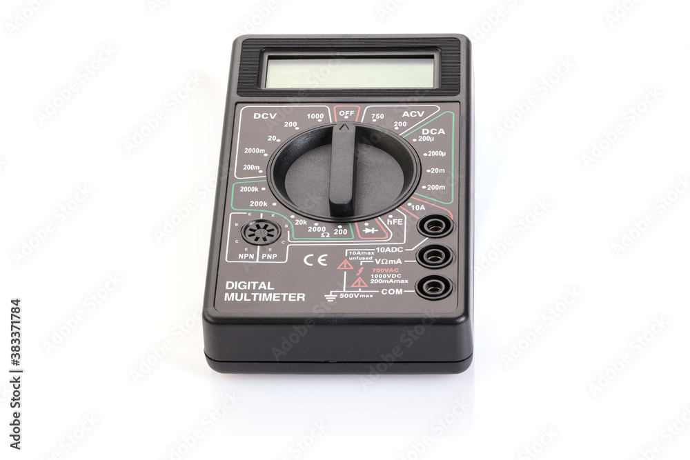 Digital electrical tester multimeter in black case isolated on white background. Digital multimeters have a numeric display, can measure voltage, current and resistance. Close-up. Full depth of field. Digital electrical tester multimeter in black case isolated on white background. Digital multimeters have a numeric display, can measure voltage, current and resistance. Close-up. Full depth of field.