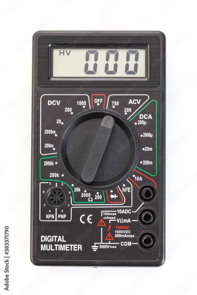 Digital electrical tester multimeter in black case isolated on white background. Digital multimeters have a numeric display, can measure voltage, current and resistance. Close-up.