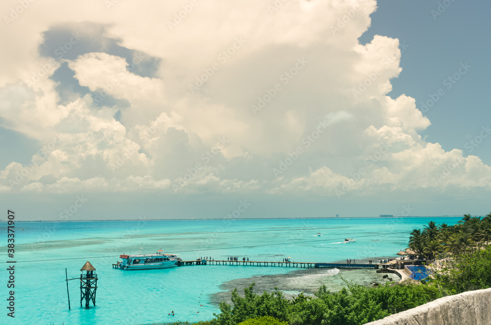 Cancun - Isla Mujeres, June 13 2013: Beautiful view of the coast of the island of Isla Mujeres.