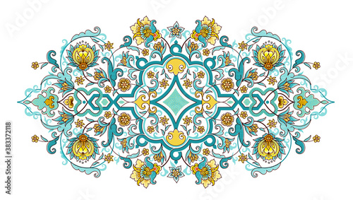 Vector element, arabesque for design template. Luxury ornament in Eastern style. Turquoise floral illustration. Ornamental decor for invitation, greeting card, wallpaper, ornaments background.