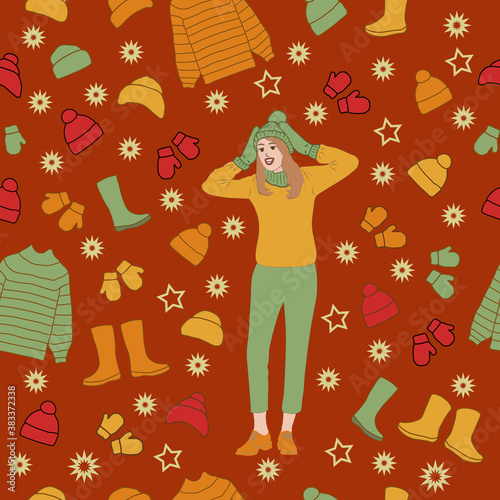 Girl is delighted with the variety of autumn-winter clothes. Seamless pattern, vector illustration