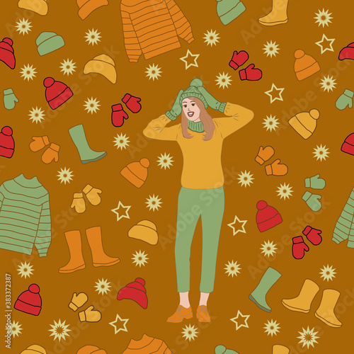 Girl is delighted with the variety of autumn-winter clothes. Seamless pattern, vector illustration