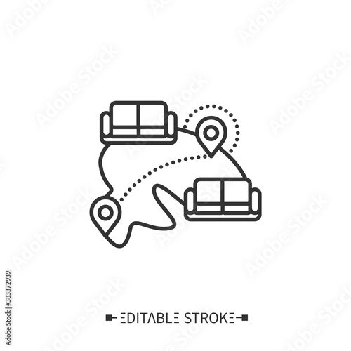 Couchsurfing line icon.Accommodation,hospitality exchange.Budget tourism.Accessible travel. Global accomodation networking service. Tourism types concept.Isolated vector illustration. Editable stroke 