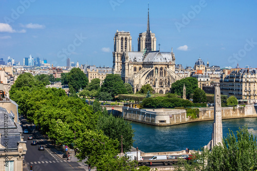 Paris Panorama with Cite Island and Cathedral Notre Dame de Paris on the background. View from Arab World Institute (Institut du Monde Arabe) building. Paris, France.