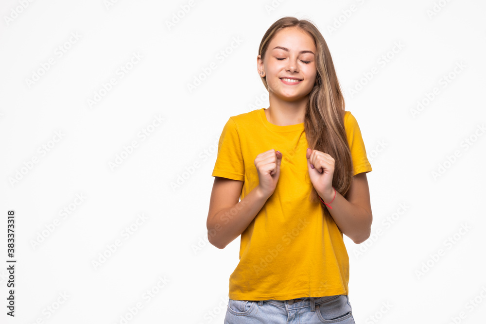 Portrait of a beautiful young woman celebrating success isolated on white background Portrait of a beautiful young woman celebrating success isolated on white background