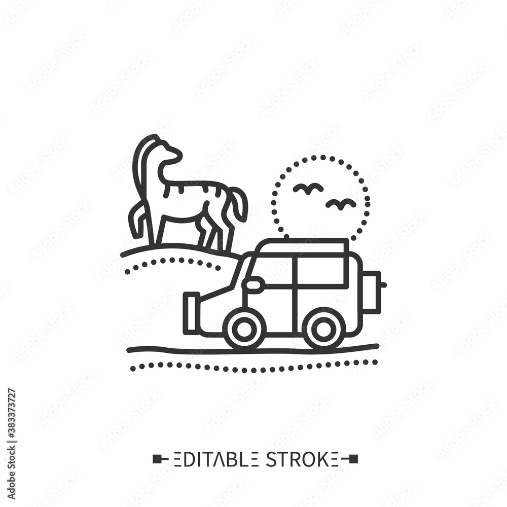 Safari line icon. Safari holidays. Experiential tourism. Watching wild animals in their natural habitat. Exotic recreation place. Tourism types concept. Isolated vector illustration. Editable stroke Safari line icon. Safari holidays. Experiential tourism. Watching wild animals in their natural habitat. Exotic recreation place. Tourism types concept. Isolated vector illustration. Editable stroke