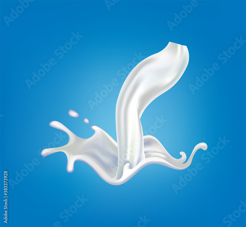 Realistic milk splash. Pouring white liquid or dairy products. Sample advertising realistic natural dairy products, yogurt or cream, isolated on blue background