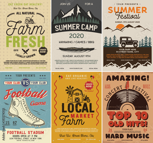 Outdoor camping and rock music flyers set, A4 format. Adventure posters graphic design with mountains, tents, football, organic. Stock vector retro cards collection