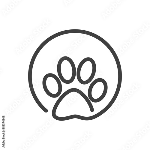 Cuidado de mascotas. Logotipo lineal zarpa de gato en círculo en color gris