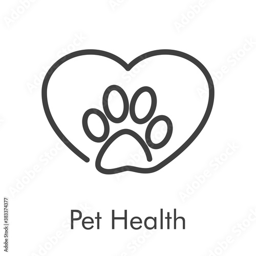 Asistencia sanitaria para mascotas. Logotipo lineal zarpa de gato con corazón en color gris