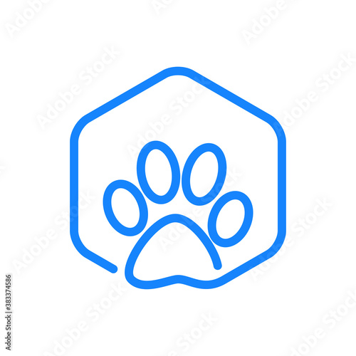 Cuidado de mascotas. Logotipo lineal zarpa de gato en hexágono en color azul
