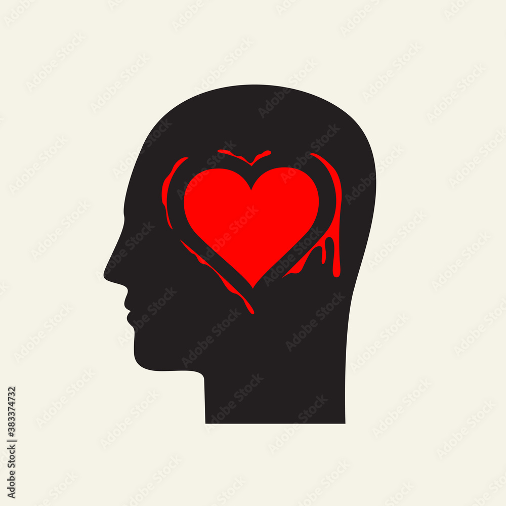 Black silhouette of a human head in profile with a red heart in the brain area. Decorative vector banner, icon, logo or avatar. The concept of unhappy love Black silhouette of a human head in profile with a red heart in the brain area. Decorative vector banner, icon, logo or avatar. The concept of unhappy love