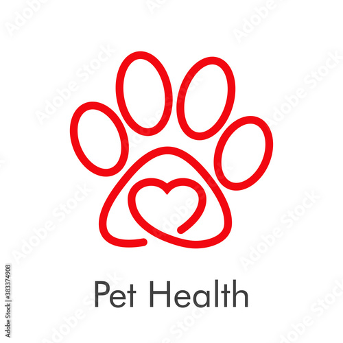 Asistencia sanitaria para mascotas. Logotipo lineal zarpa de gato con corazón en color rojo