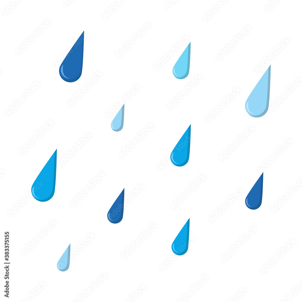 Rain cartoon illustration isolated on white. Blue water drops falling down. Raindrop template clipart. Vector eps10 with autumn rain drops. Autumnal water drops image.