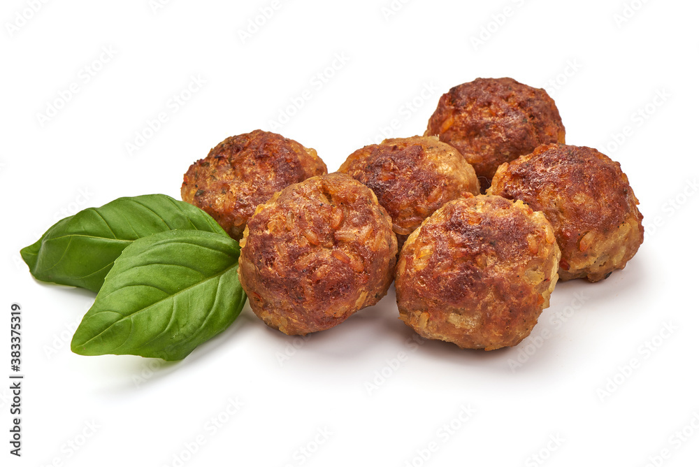 Baked pork meatballs, isolated on white background Baked pork meatballs, isolated on white background