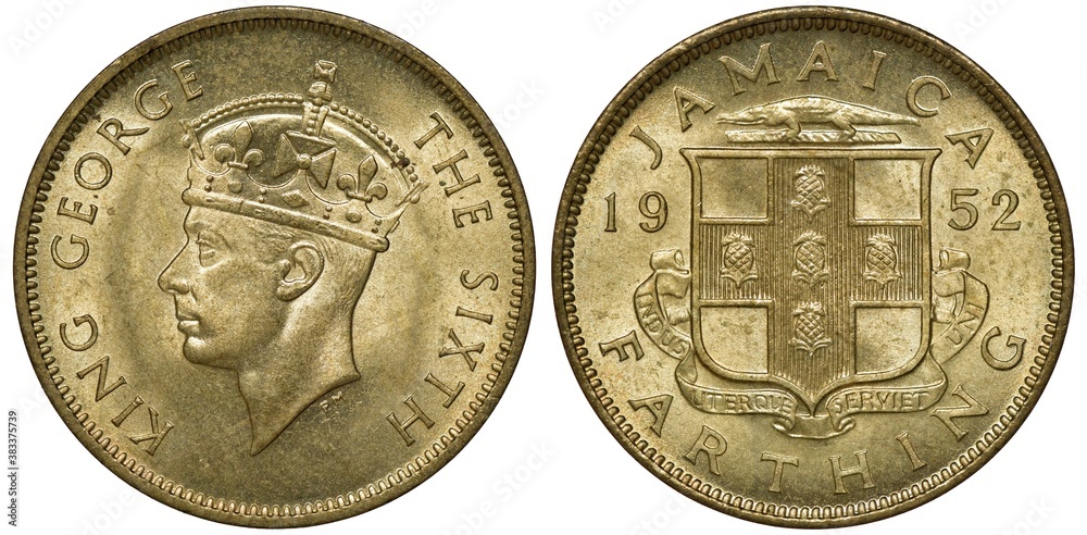 Naklejka premium Jamaica Jamaican coin 1 one farthing 1952, head of King George VI left, shield with cross and pineapples divides date,