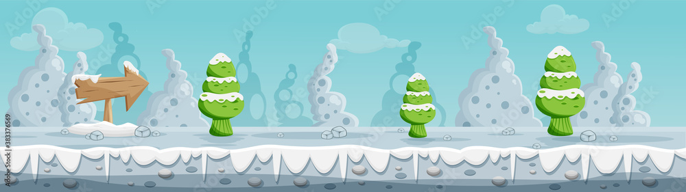 Fototapeta premium Parallax game background. Abstract winter landscape illustration