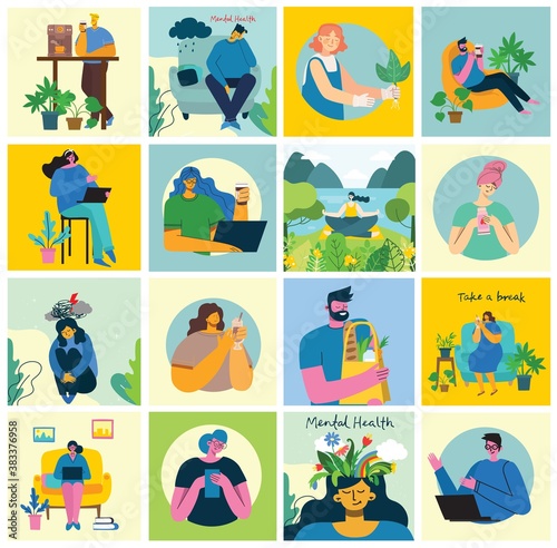 Stay and work at home. People staying at home doing different activity: seat at sofa, jump, work, celebrate, play, do sport, read at home. Vector colorful modern illustration collage
