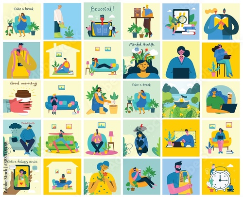 Stay and work at home. People staying at home doing different activity: seat at sofa, jump, work, celebrate, play, do sport, read at home. Vector colorful modern illustration collage