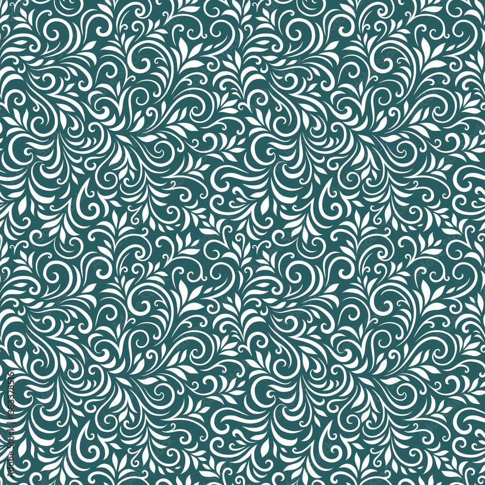 Vector seamless pattern with leaves and curls. Monochrome abstract floral background. Stylish monochrome texture.