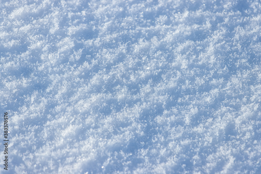 Snow surface close-up. Winter background with snow texture and snowflakes on the ground. Perfect for Christmas and New Year design.