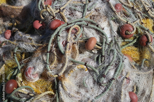 Closeup of a fishing net. After the net is not longer usable it can be recycled.  photo