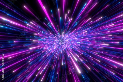 Speed oAbstract background in blue and purple neon colors. Speed of light in space on dark background. 3D rendering. light in space on dark background.