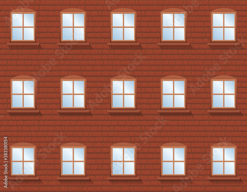 Brick wall with windows - rustic apartment building with twenty four windows in which the blue sky is reflected. Vector illustration.
