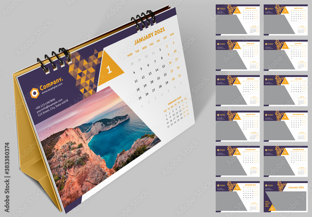Desk Calendar 2021 Layout with Yellow Gradient Triangle Elements Stock Template | Adobe Stock
