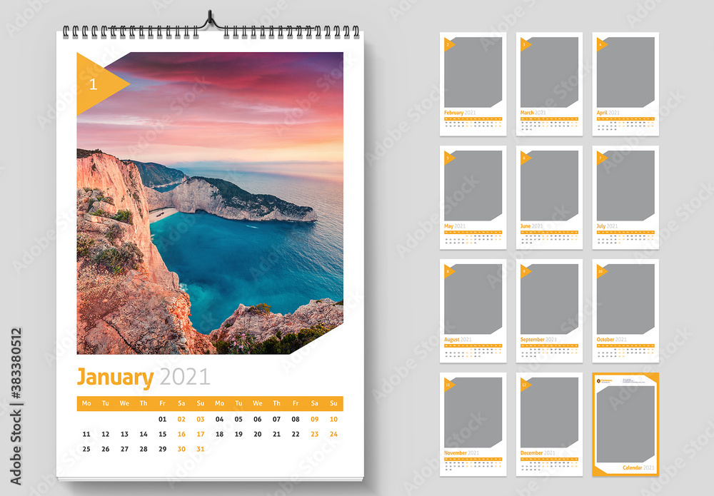 2021 Wall Calendar Layout with Yellow Triangle Elements plantilla de ...