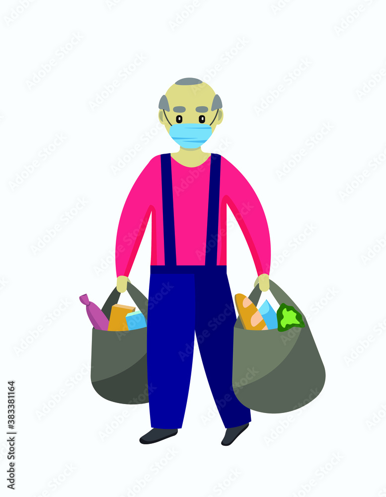 Old man in medical mask goes back from shop. Shopping in pandemia time. Take on a mask. Take cake of your parents. Old man in medical mask goes back from shop. Shopping in pandemia time. Take on a mask. Take cake of your parents.