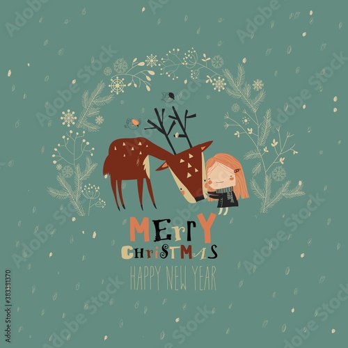Cute girl hugging deer in Christmas wreath