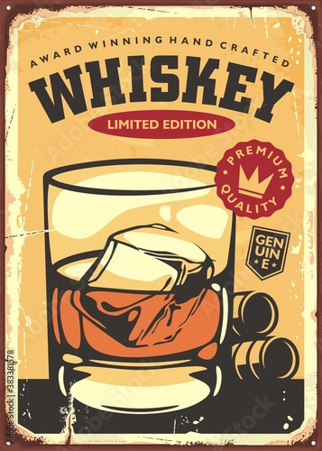Glass of whiskey retro sign design. Alcohol drinks vector poster template for whisky bar or pub.