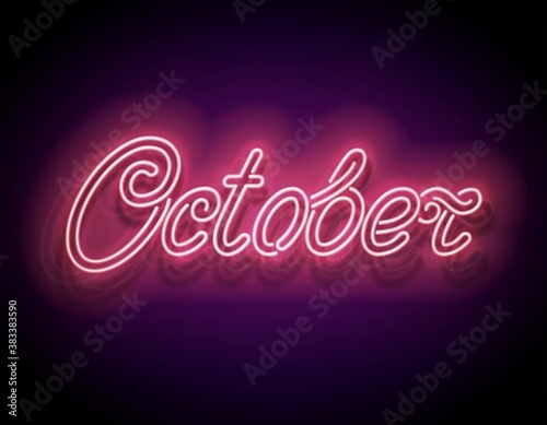 Vintage Glow Signboard with Pink October Inscription. Breast Cancer Awareness Month. Neon Light Flyer, Banner, Postcard, Invitation. Glossy Background. Vector 3d Illustration