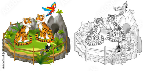 Fototapeta Naklejka Na Ścianę i Meble -  cartoon scene with zoo enclosure with different animals - illustration