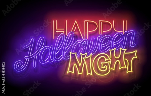Glow Greeting Card with Happy Halloween Inscription. Neon Light Lettering. Shiny Template Poster, Banner, Invitation. Glossy Background. Vector 3d Illustration