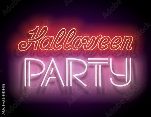 Glow Greeting Card with Halloween Night Party Inscription. Neon Light Lettering. Shiny Template Poster, Banner, Invitation. Glossy Background. Vector 3d Illustration