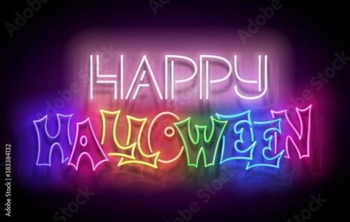Glow Greeting Card with Happy Halloween Inscription. Neon Light Lettering. Shiny Template Poster, Banner, Invitation. Glossy Background. Vector 3d Illustration
